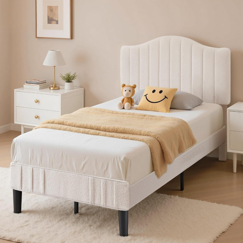 VECELO Twin Bed Frame Upholstered Platform Bed Frame with Height Adjustable Teddy Fabric Headboard, Strong Wood Slats Supports 7.9'' Under Bed Space Noise Free No Box Spring Needed, Beige