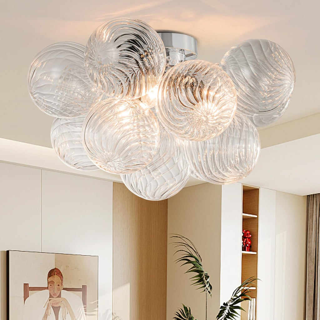 GoYeel Modern Chandelier Close to Ceiling Light Fixture 3 Light Contemporary Mid Century Glass Chandelier 18.5' with 13 Clear Swirled Globe Foyer Bedroom Living Room