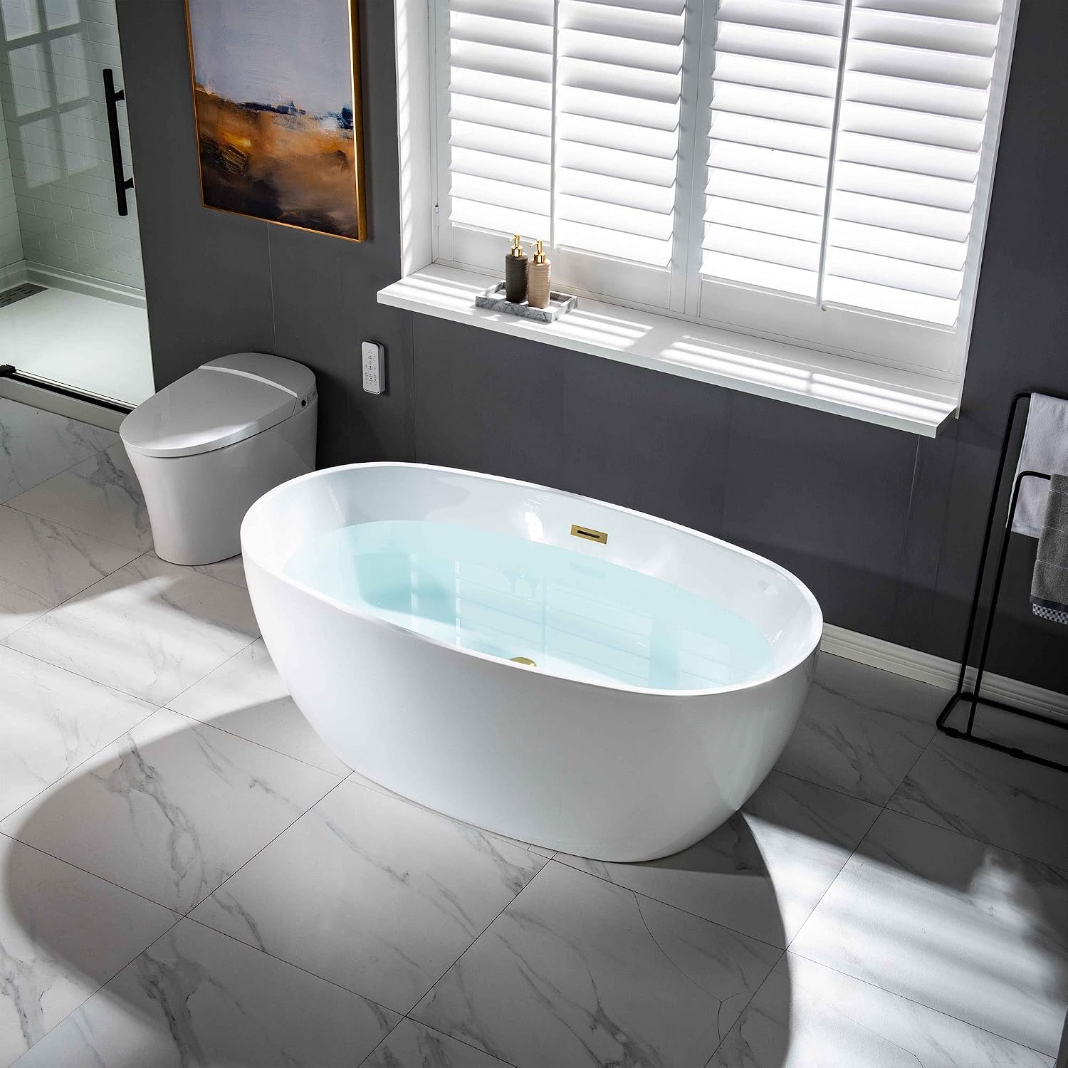 WOODBRIDGE 59' Acrylic Freestanding Bathtub Contemporary Soaking White Tub with Brushed Gold Overflow and Drain，BTA1518 -BG-Drain &O