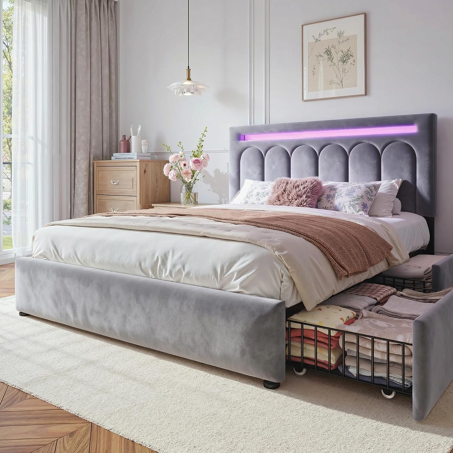 Homkdom Velvet Upholstered Queen Bed Frame with 4 Storage Drawers, Vertical Arched LED Headboard, Sturdy Wood Slats Support, No Box Spring Needed, Grey