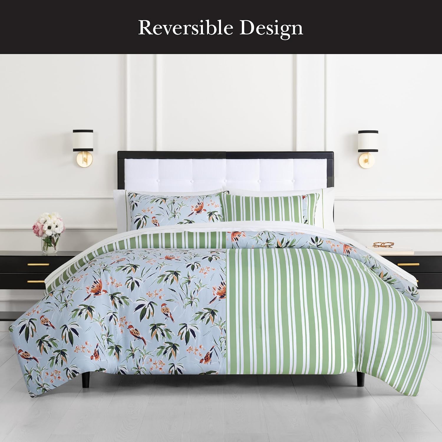 kate spade new york Bird Garden Full/Queen Comforter Set, 300 Thread Count Cotton Reversible Cover, All Season 3 Piece Bedding, Machine Washable, Floral Multicolor