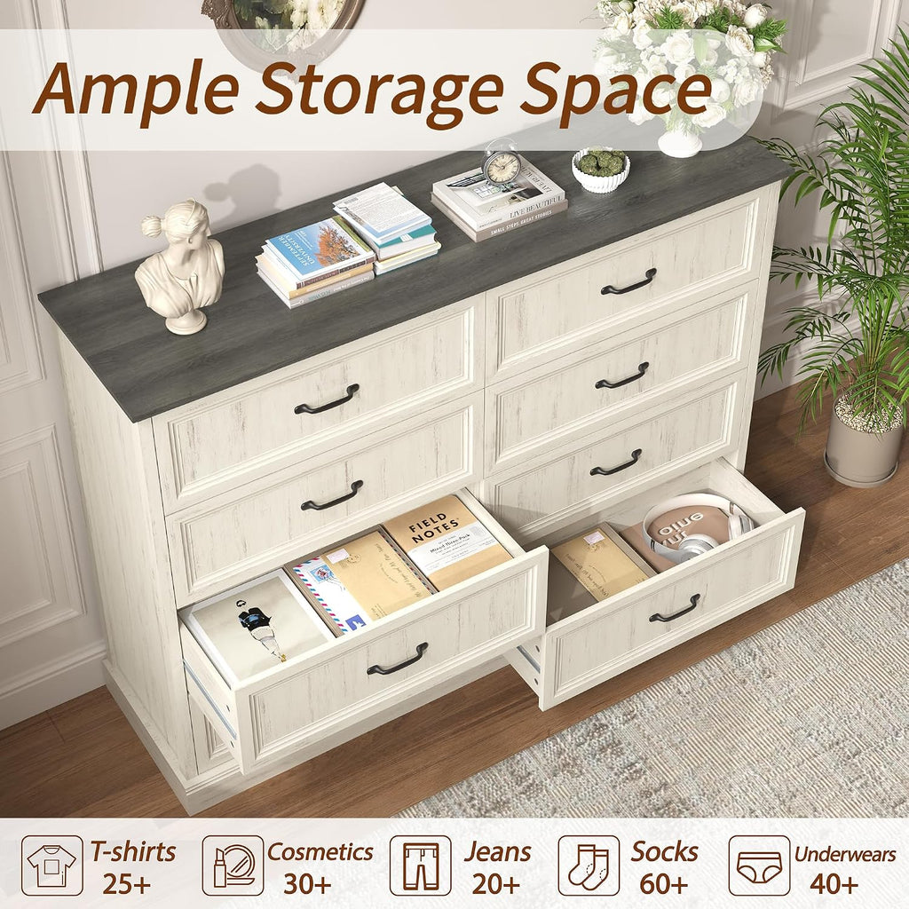 Tradare Farmhouse Dresser and Nightstand Sets 3 Piece, Nightstands Set of 2 & 8 Drawers Dresser for Bedroom, 55' Wide and 24' Inch Night Stand Set for Bedroom, Living Room, Hallway, White