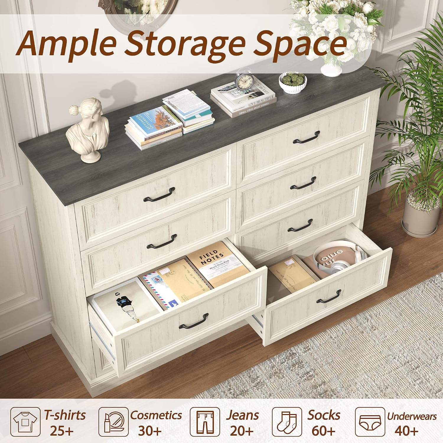 Tradare Farmhouse Dresser and Nightstand Sets 3 Piece, Nightstands Set of 2 & 8 Drawers Dresser for Bedroom, 55' Wide and 24' Inch Night Stand Set for Bedroom, Living Room, Hallway, White