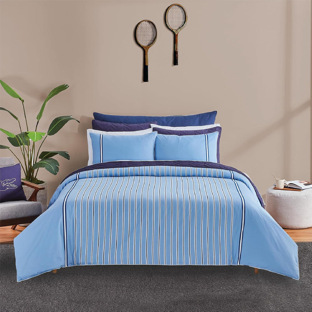Lacoste Hollis Stripe Comforter Set, 100% Cotton Brushed Twill, Reversible Duvet with Pillow Shams, Soft & Fluffy Hotel-Style Bedding, Blue, Full/Queen