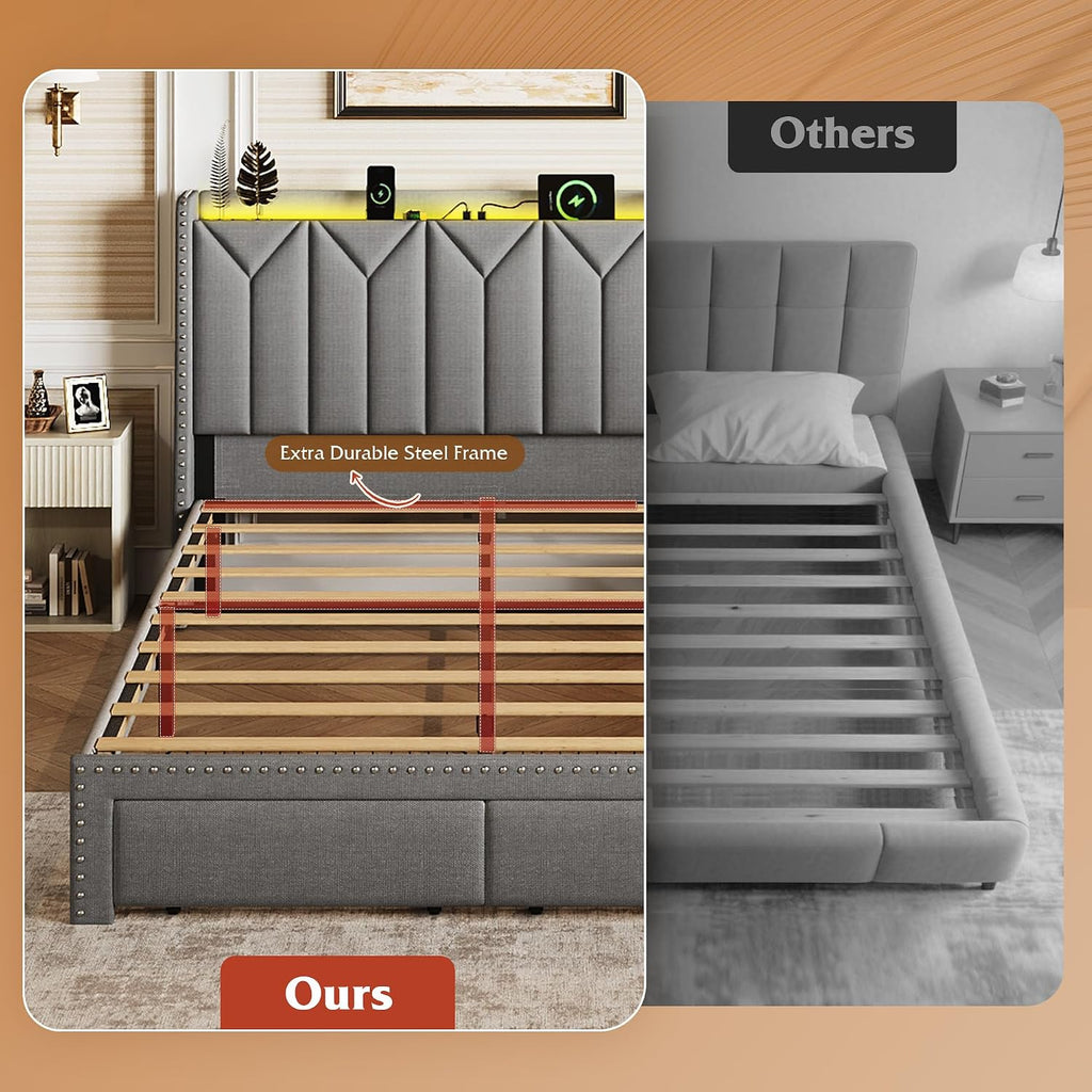 WLIVE Full Size Upholstered Bed Frame with 2 Drawers, Storage Headboard Platform Bed with Charging Station and LED Light, Sturdy Metal & Wooden Slats Support, No Box Spring Needed, Light Grey