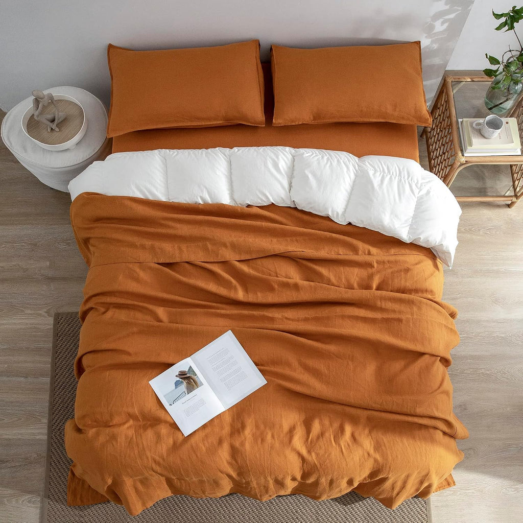 EVERLY Linen Sheets Set Queen Size,100% French Stonewash Pure Linen Sheets Set,4Pieces (1Flat Sheet,1Fitted Sheet,2Pillowcase) Suitable for Hot Sleepers,Deep Pocket Natural Bedding Set-Caramel-Queen