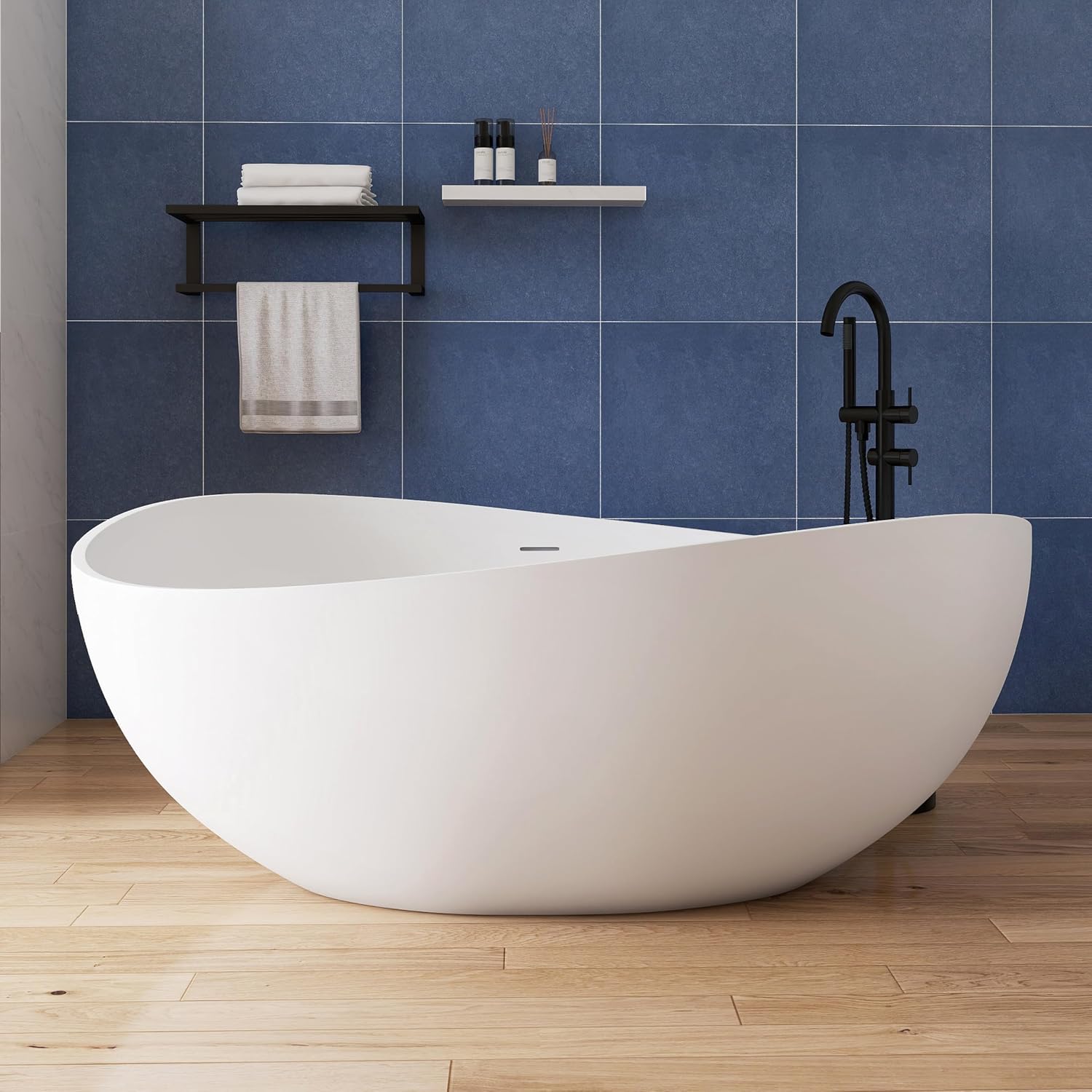 63'' Solid Surface Freestanding Bathtub Matte Soaking Bathtubs Tubs Oval Resin Stone Bathtubs with Overflow and Pop-up Drain - White Free Standing Tub