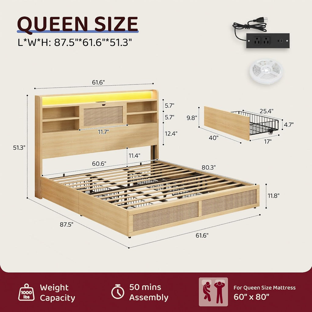 BRELTAM Queen Size Rattan Bed Frame with 4 Storage Drawers and 51.3' Tall Hidden Storage Headboard Wooden Platform Bed Frame with LED Lights and Charging Station, No Box Spring Needed, Natural