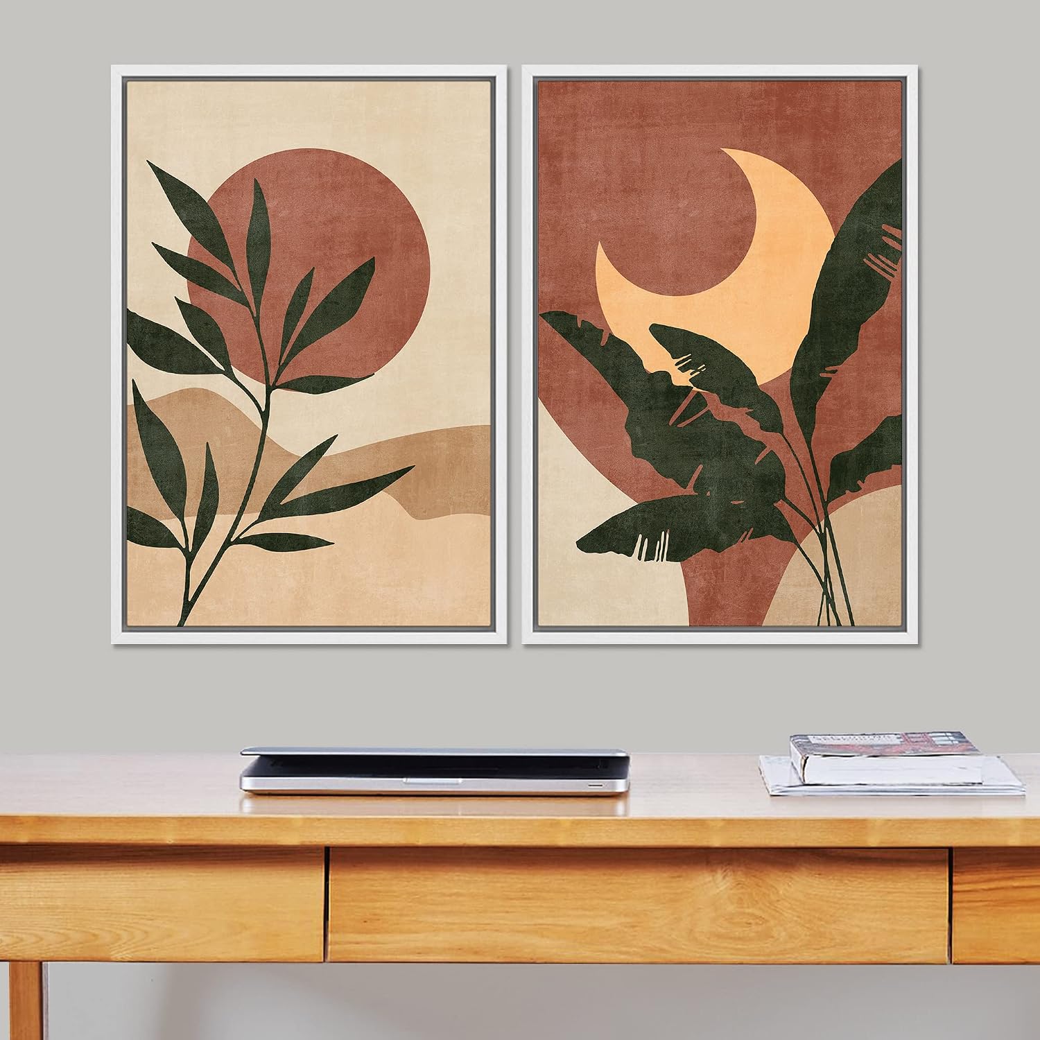 SIGNFORD Framed Canvas Print Wall Art Set Sun & Moon Mid-Century Desert Plants Abstract Shapes Illustration Modern Art Decorative Nordic Nature for Living Room, Bedroom, Office - 24'x36'x2 White