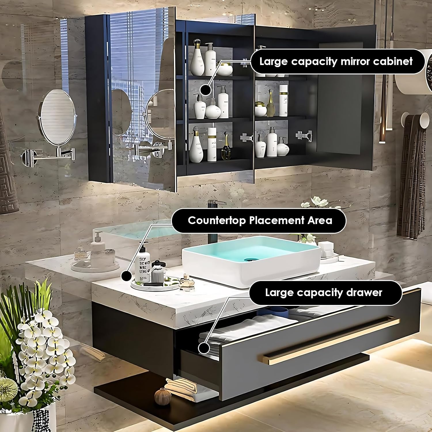 56' Bathroom Cabinet Set,Bathroom Vanity with Sink,Wall Mounted Floating Bathroom Vanities LED Smart Defog Mirror Cabinet, Bathroom Vanity Large Storage Drawer Single Sink,Black