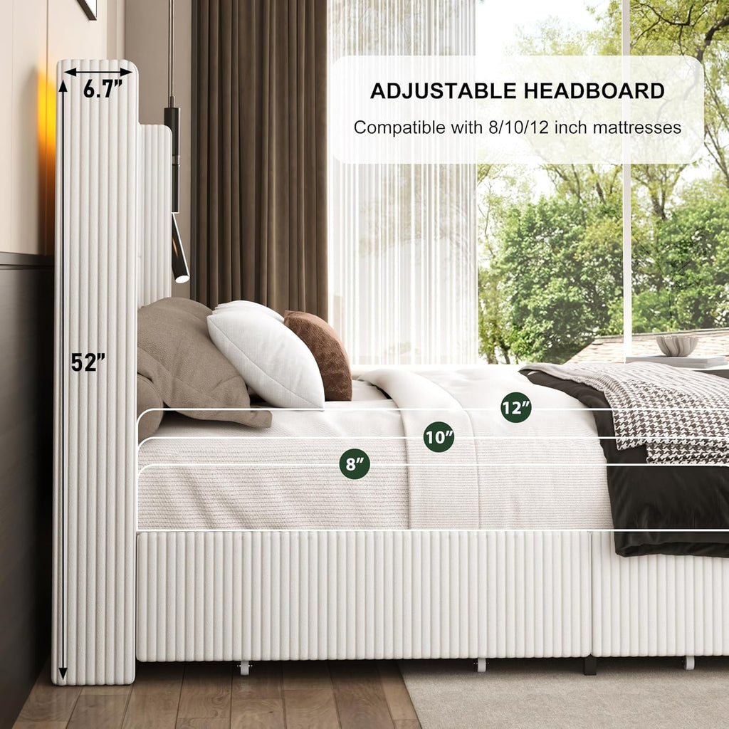 Hlivelood Twin Size Bed Frame with 52' Tall Corduroy Wingback Headboard, Upholstered Platform Bed with 2 Storage Drawers & LED Lights, Vertical Stripes, No Box Spring Needed, Noise-Free, Cream