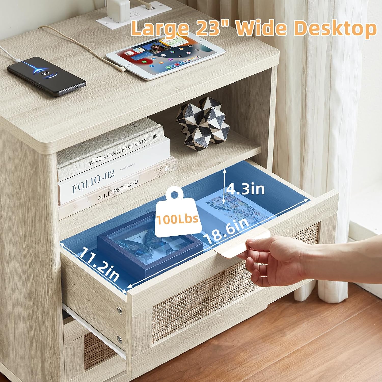 LEYAOYAO Rattan Dresser and Nightstand Set of 4, Boho Wood Dresser for Bedroom with 6 Drawers and Night Stand with Charging Station, Bedroom Furniture,Dressers & Chests of Drawers,Living Room,Hallway