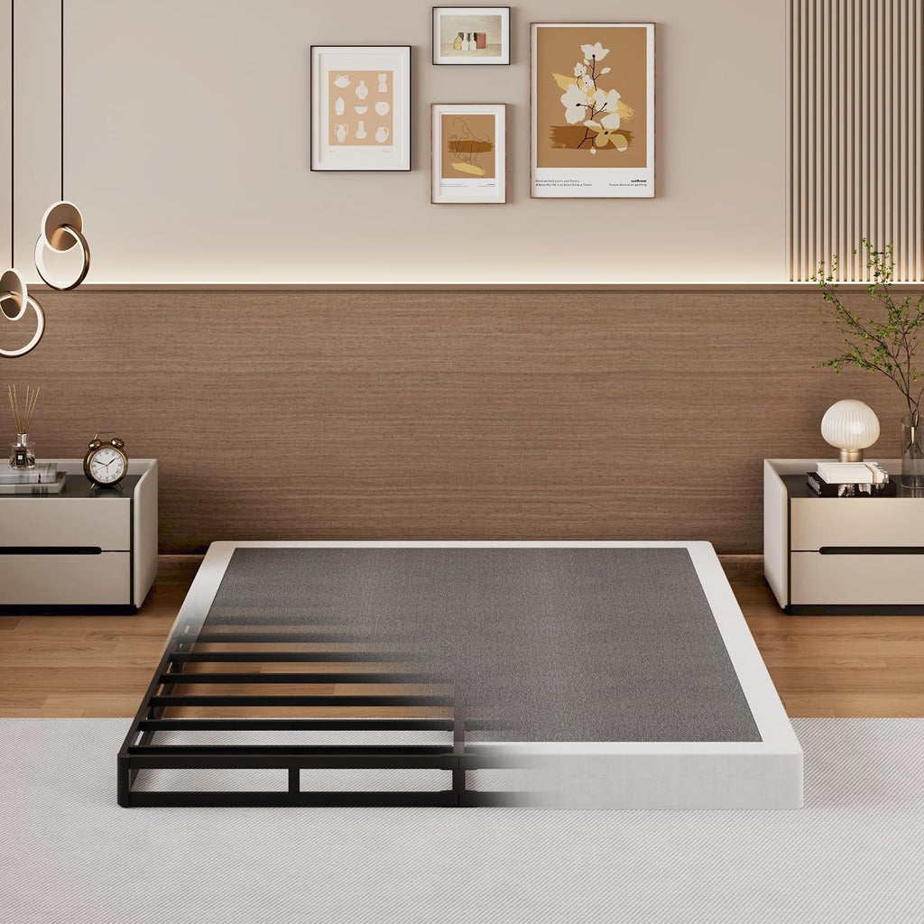SHLAND Box Springs King Size 4 Inch High Box Spring Strong Metal Frame Mattress Foundation with Fabric Cover, Box Spring King Size Bed, Easy Assembly
