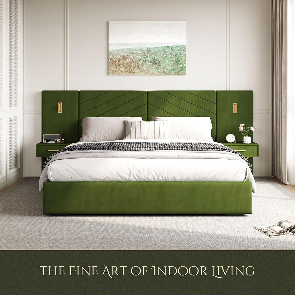 Luxurious King Platform Bed Frame, Velvet Upholstered Headboard with 2 Built-in Wall Sconces & Nightstands, Sturdy Metal & Solid Wood Frame, Squeak-Free, No Box Spring Needed, Olive Green