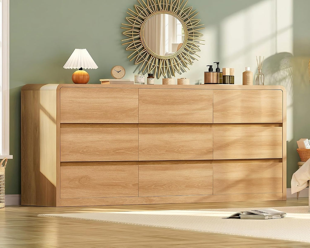 TEENFON 9 Drawer Dresser for Bedroom, 63' Wide Dressers & Chest of Drawers with Curved Profile Design, Wood Closet Storage Dressers Organizer for Bedroom, Living Room, Natural