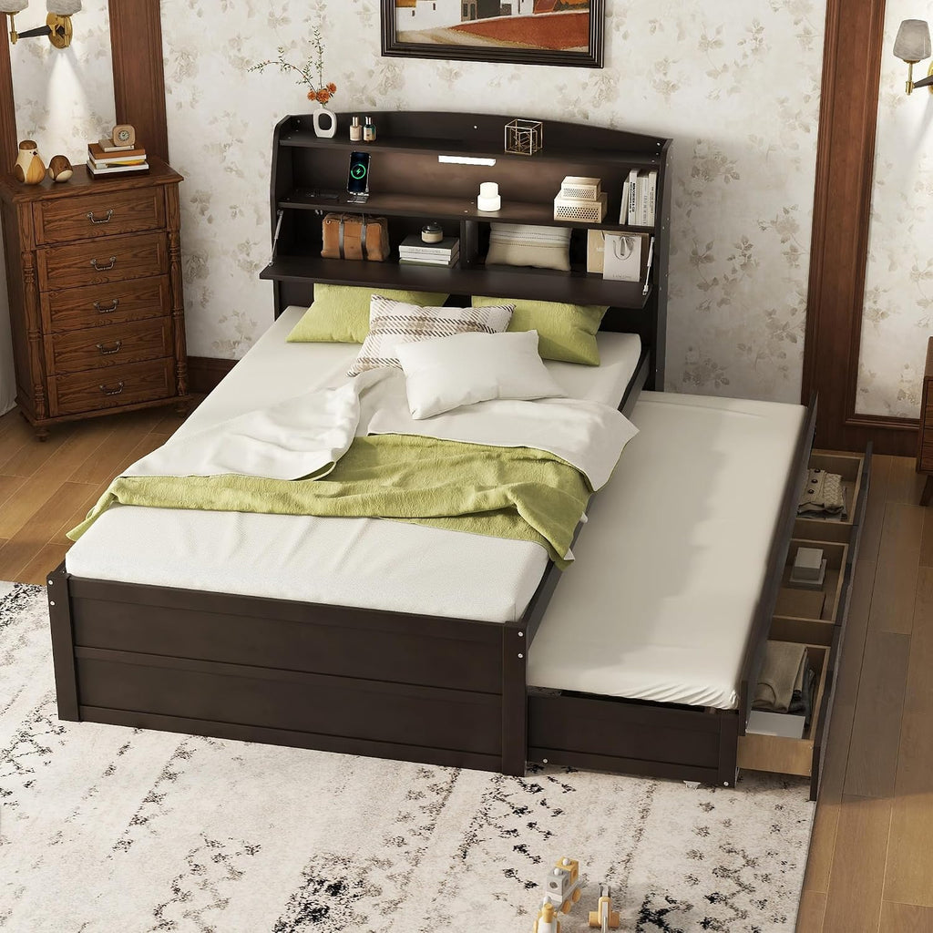 Multi-Function Full Size Platform Bed with Trundle and 3 Drawers, Wood Captain Platform Bed Frame with Storage Headboard and Night Light, Maximized Space (Brown-D1, Full)