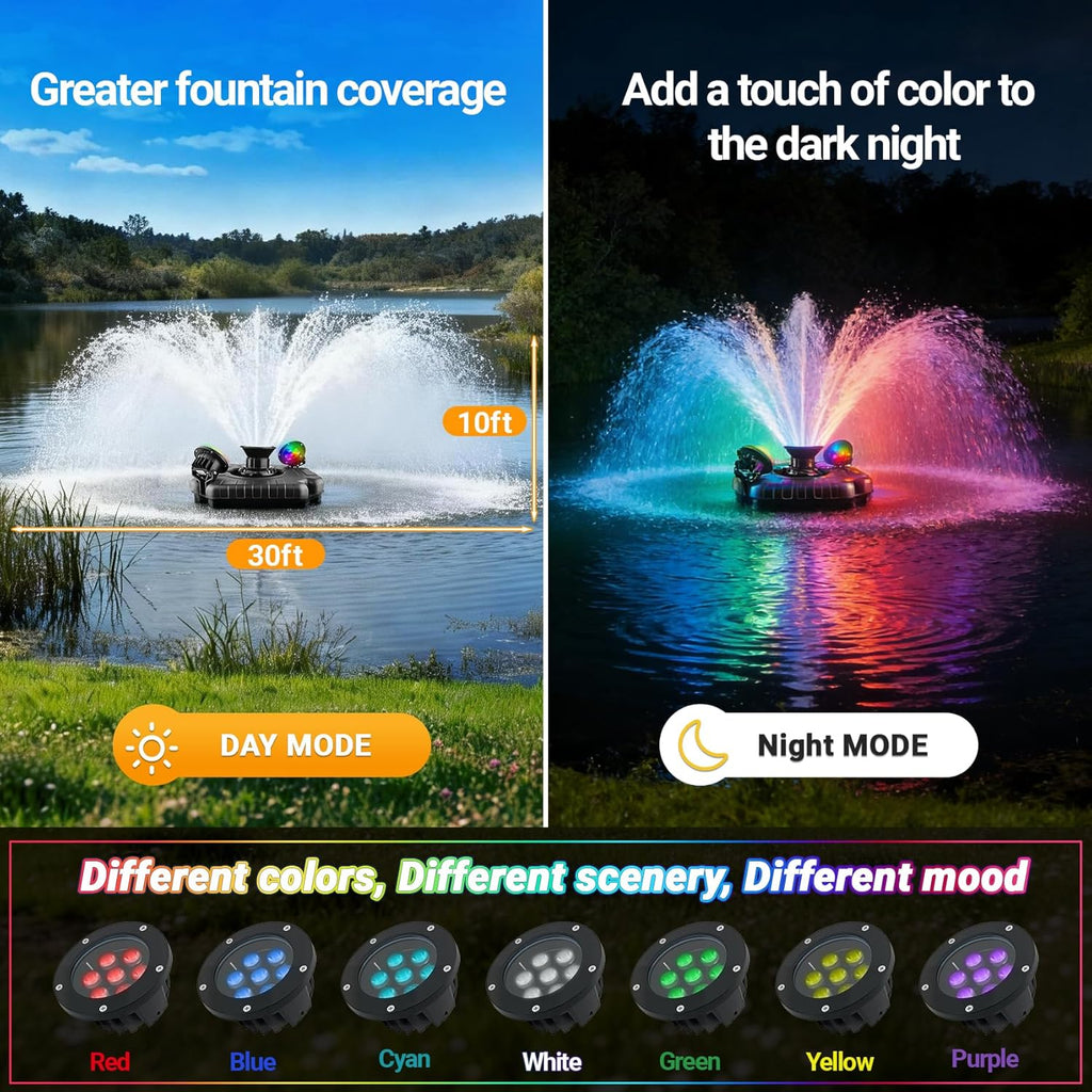Pond Fountain Aerator with Lights, Dynamic RGB Light 1HP 750W Floating Fountain for Pond Lake, 110V 15000 GPH Fully Automatic Stainless Steel Fountain Pump 100Ft Cord with 2 LED Lights and Nail, Rope