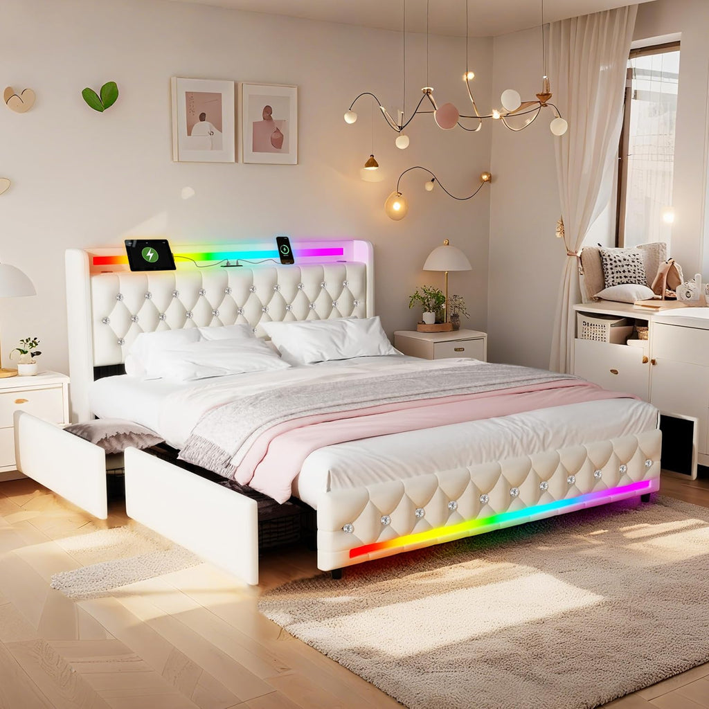Beige Full Bed Frame with Bluetooth Speakers,LED Headboard and Footboard & USB & Type-C Charging Station & 4 Drawers Storage,Wooden Slats Support,Velvet Upholstered Bed,Easy Assembly