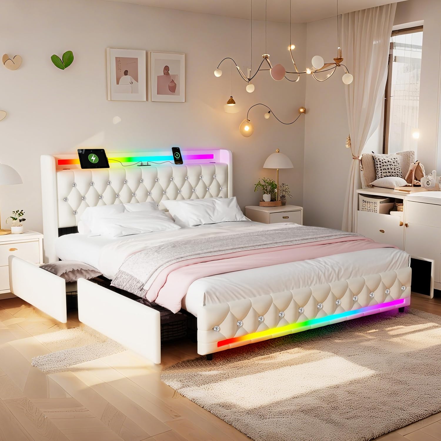 Beige Full Bed Frame with Bluetooth Speakers,LED Headboard and Footboard & USB & Type-C Charging Station & 4 Drawers Storage,Wooden Slats Support,Velvet Upholstered Bed,Easy Assembly