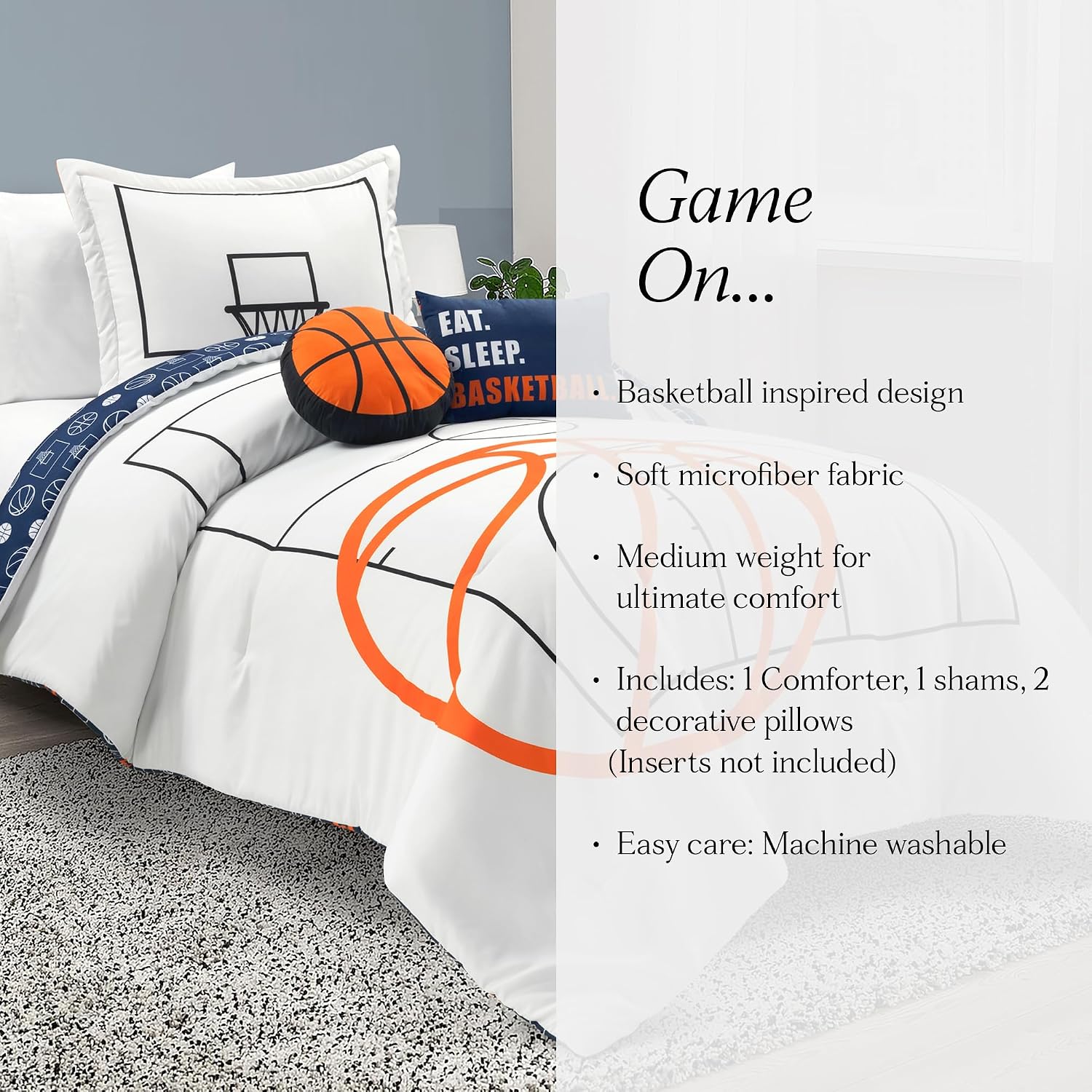 Lush Decor Basketball Game Reversible Comforter Twin Size 4 Piece Set, White & Navy - Kids Comforter Set - Basketball Comforters - Sports Decor
