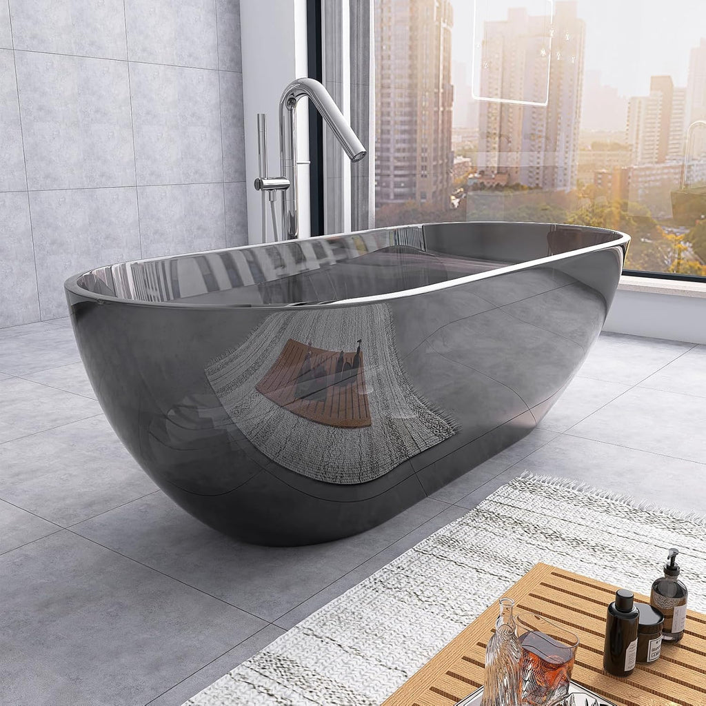 69'' Grey Freestanding Tubs Bathtub Solid Surface Resin Stone Bathtubs soaker Tubs Oval Shaped Matte Luxury Modern Soaking Tub with Overflow and Pop-up Drain