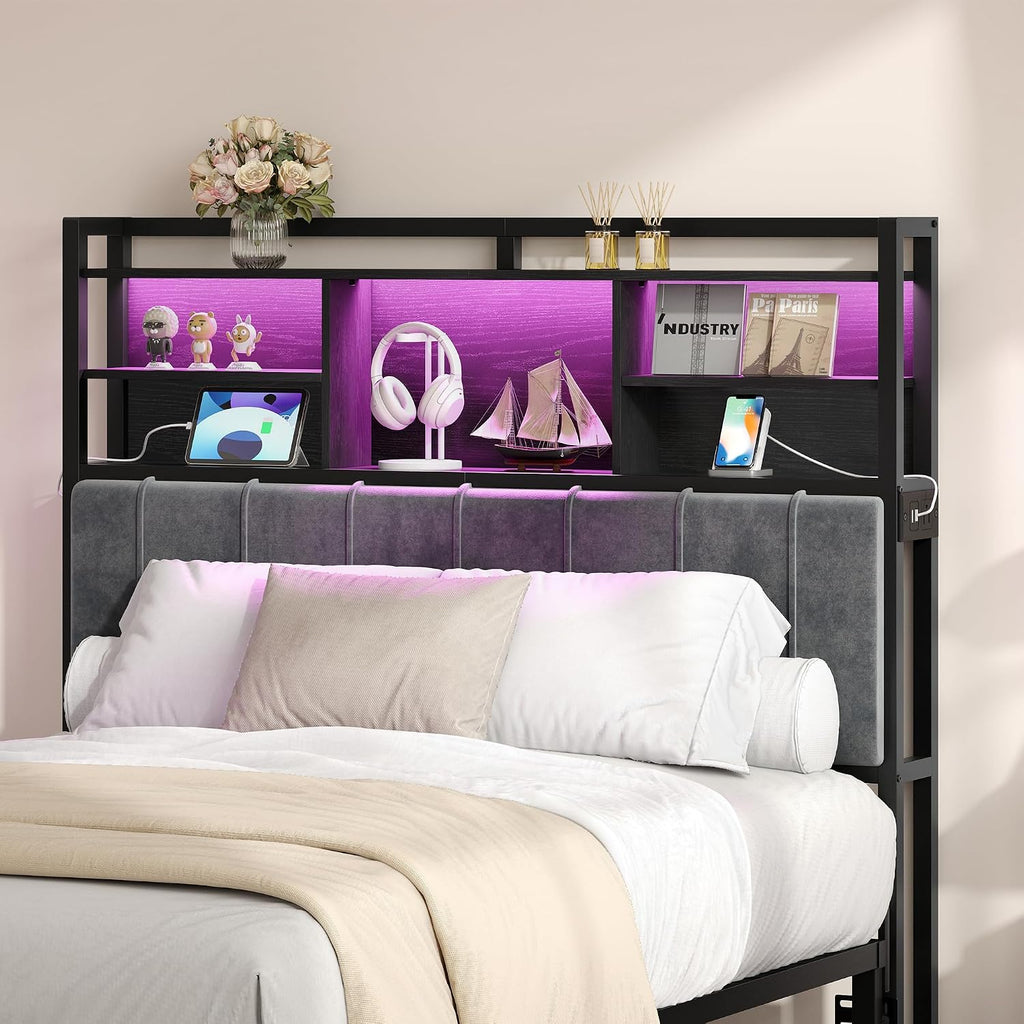 Hzuaneri Headboard with 3-Tier Storage Shelves, Velvet Upholstered Head Board with 2 Outlets, USB Ports & LED Light, Soft Backrest for Full Size Bed, Black BH13804B