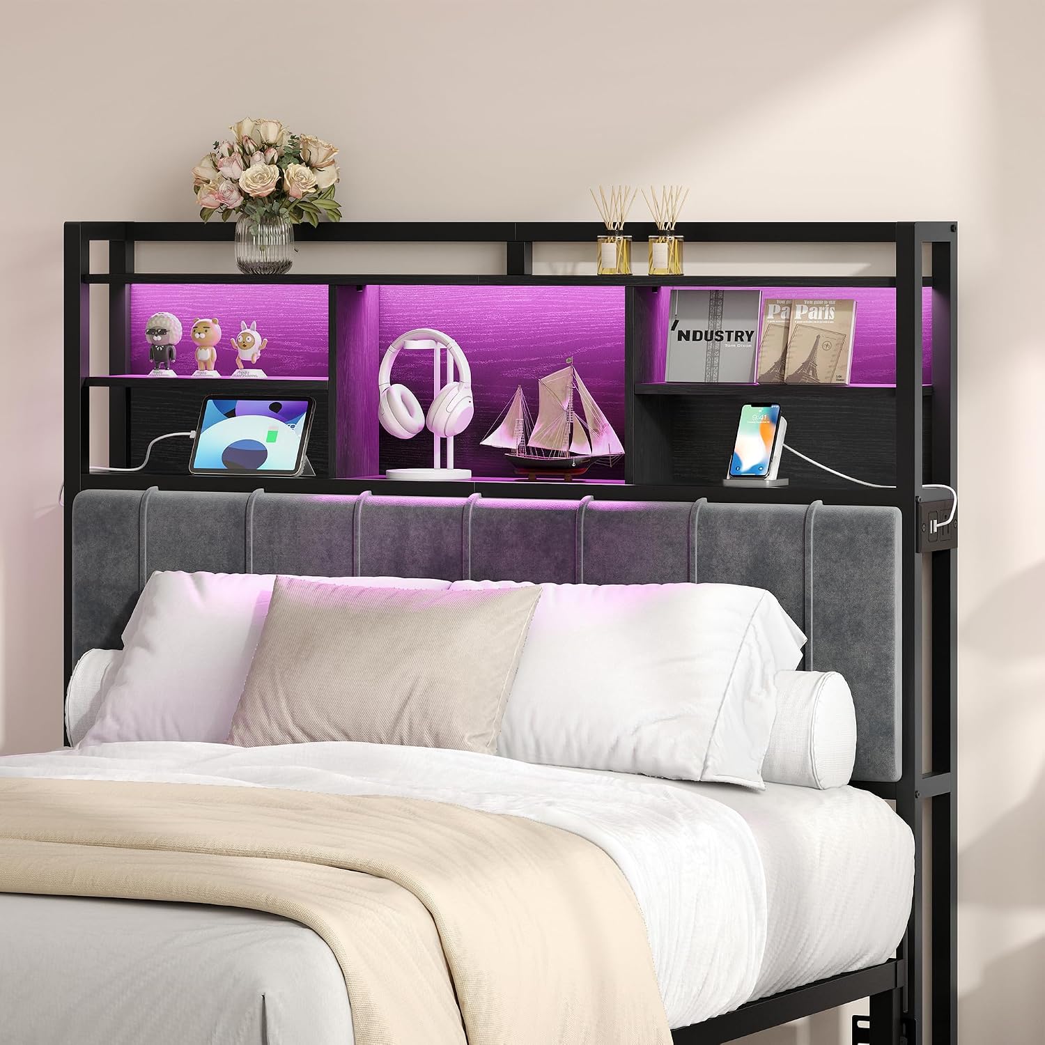 Hzuaneri Headboard with 3-Tier Storage Shelves, Velvet Upholstered Head Board with 2 Outlets, USB Ports & LED Light, Soft Backrest for Full Size Bed, Black BH13804B