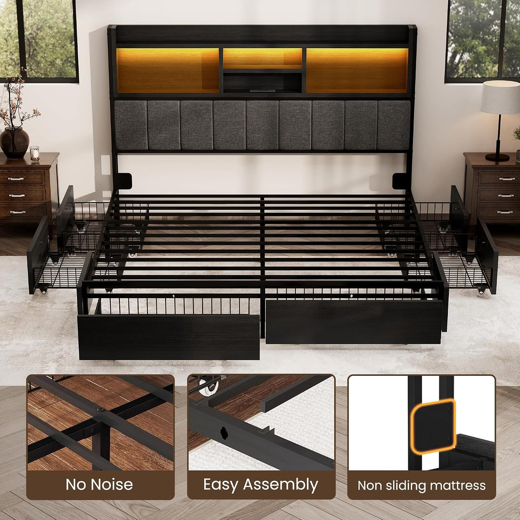 BRELTAM Queen Bed Frame with 6 Storage Drawers, Linen Upholstered Headboard, Built-in USB Charging Station & LED Lighting, Silent Metal Support, No Box Spring Needed, Vintage Black