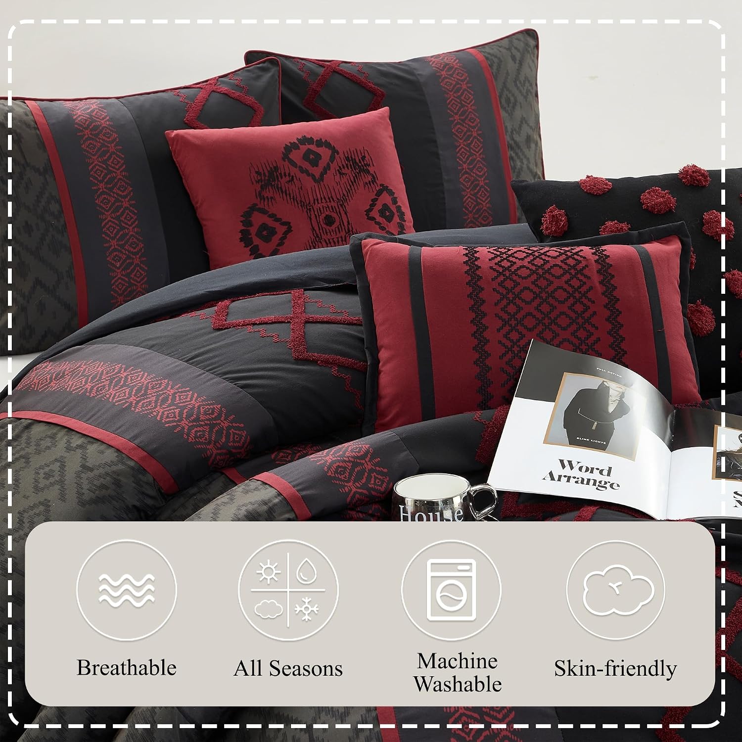 Stratford Park Luxury 7 Piece Cozy Comforter Set, Queen Size, Black and Red, Embroidered Bedding Sets, Premium Microfiber, All Season Home Décor