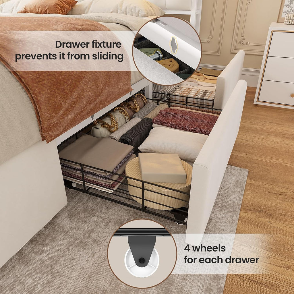 BTHFST Queen Size Bed Frame with 5 Storage Drawers and Headboard, Velvet Upholstered Queen Platform Bed with LED Lights & Charging Station, No Noise, No Box Spring Needed, Easy Assembly, Beige
