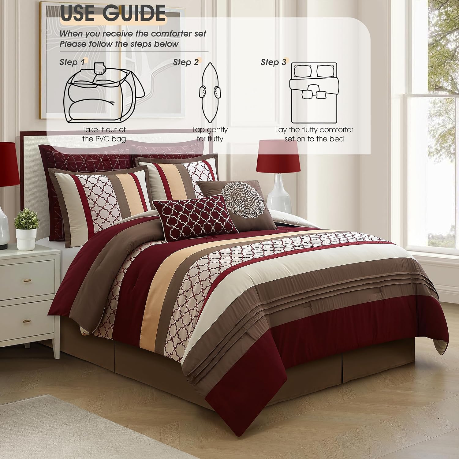 LANCO MODERN LIFESTYLE Queen Comforter Set, Berry Taupe Bedding Set, Jacquard Woven with Embroidery, 8 Pieces Bed in a Bag, Bed Skirt, Shams and Decorative Pillows