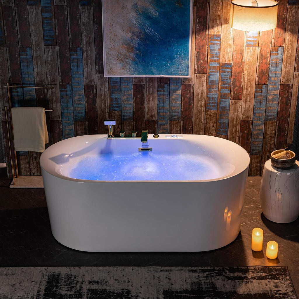 WOODBRIDGE 59' x 31-1/2' Whirlpool and Air Bath Heated Soaking Combination Tub with Adjustable Speed Air Blower, Faucet and Display Control Panel, Brushed Gold Finish Trim and Drain Kit,BG100+F0045BG