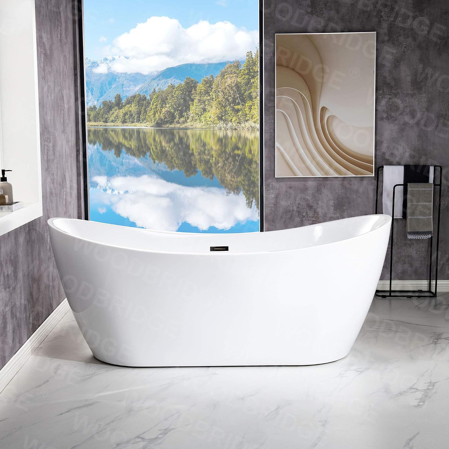 WOODBRIDGE 71' Acrylic Freestanding Bathtub Contemporary Soaking Tub , White Acrylic ( Matte Black Drain/Overflow),B0017 MB Drain &O