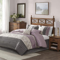 Madison Park Serene Faux Silk Comforter Set - Floral Embroidery Design, All Season Bedding Set, Matching Bed Skirt, Decorative Pillows, Purple Queen(90'x90') 7 Piece