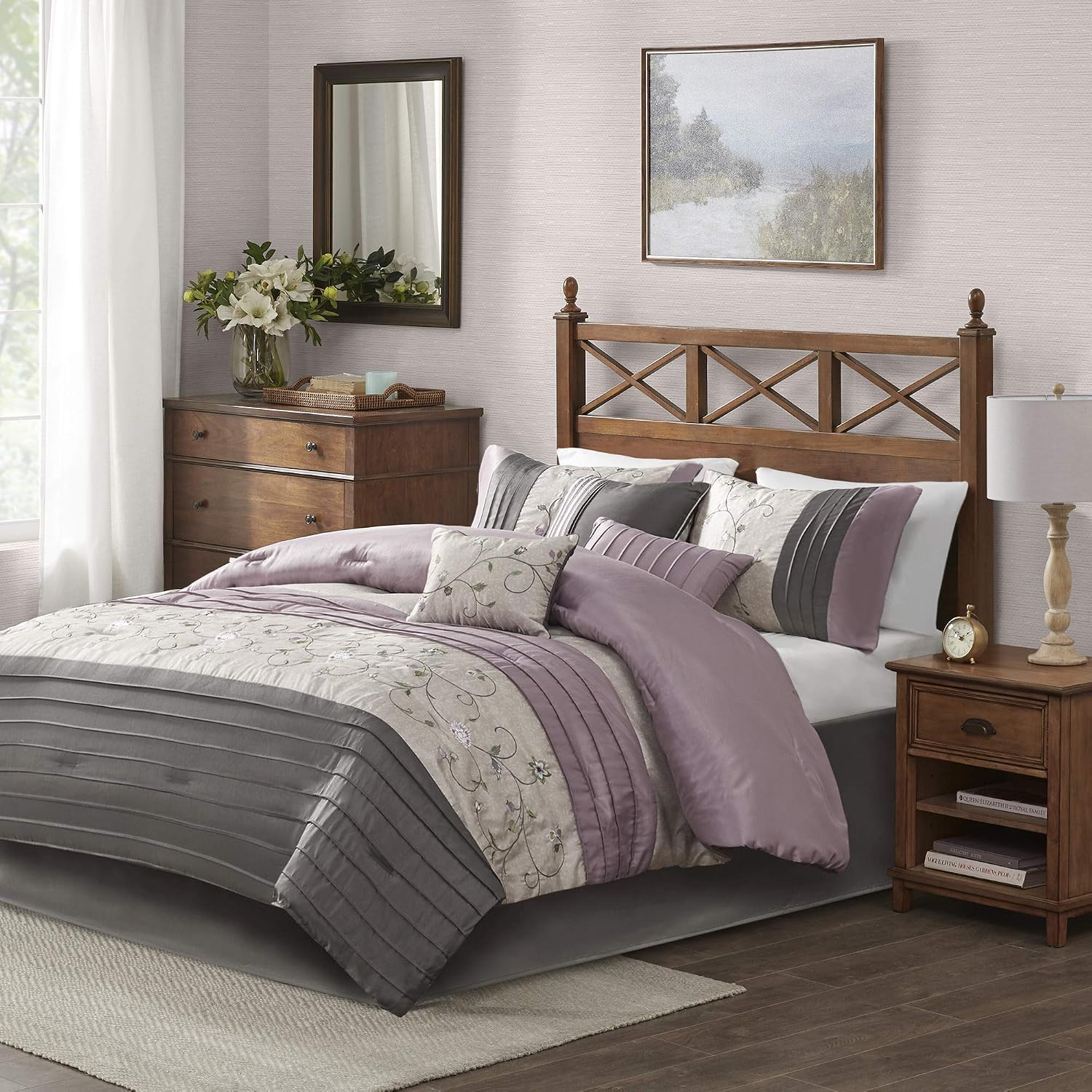 Madison Park Serene Faux Silk Comforter Set - Floral Embroidery Design, All Season Bedding Set, Matching Bed Skirt, Decorative Pillows, Purple Queen(90'x90') 7 Piece