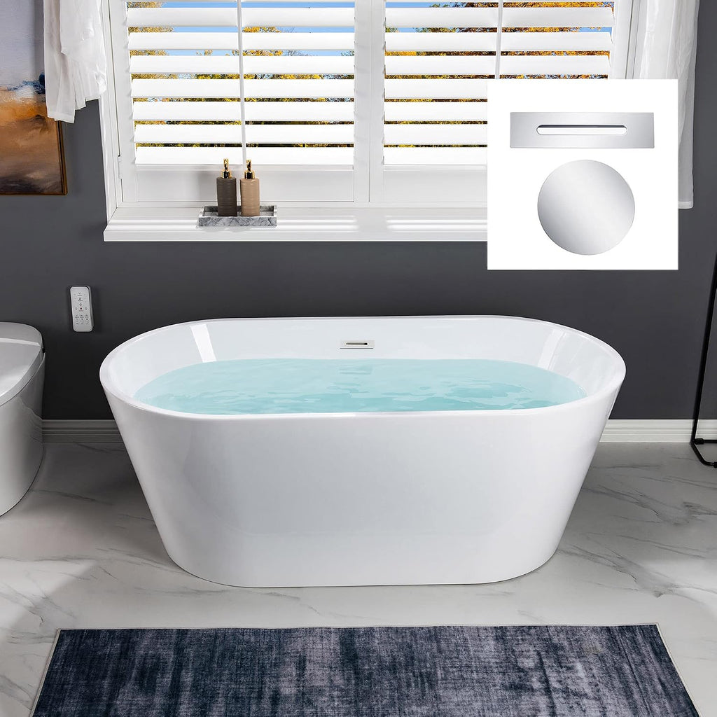 WOODBRIDGE 59' Acrylic Freestanding Bathtub Contemporary Soaking White Tub with Chrome Overflow and Drain，B0014-CH