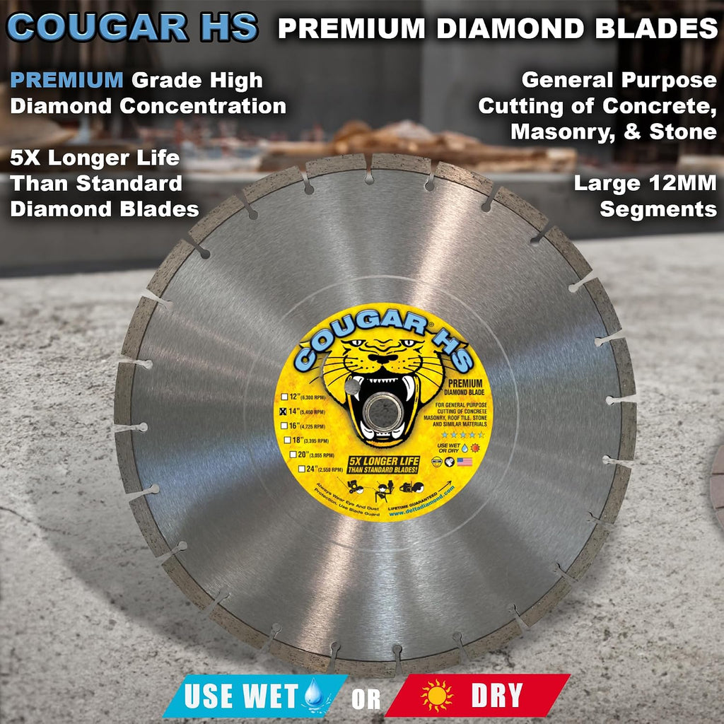 Cougar HS 14 Inch 3-Pack Diamond Concrete Saw Blade, Premium General Purpose Segmented Blade, Dry/Wet Cutting Concrete, Masonry, Brick, & Block 1'-20mm Arbor (3 Pcs)