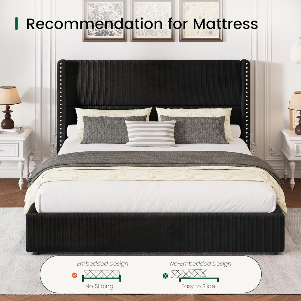 LARMACE Black Queen Bed Frame with Headboard Upholstered Platform Bed Frame Queen Size with 4 Storage Drawers Corduroy Bed Frame with Vertical Stripe,Solid Wood Leg/No Box Spring Needed/Noise Free