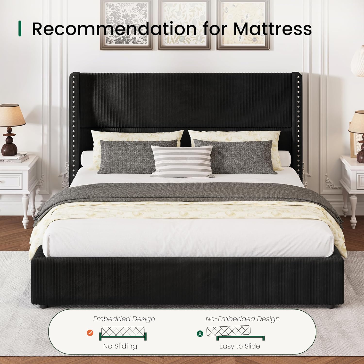 LARMACE Black Queen Bed Frame with Headboard Upholstered Platform Bed Frame Queen Size with 4 Storage Drawers Corduroy Bed Frame with Vertical Stripe,Solid Wood Leg/No Box Spring Needed/Noise Free