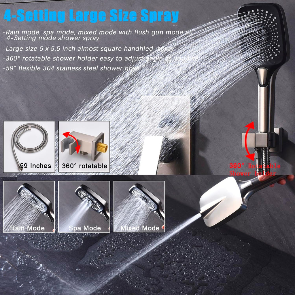 Shower System with Tub Spout 10 Inch Overhead Shower 4 Setting Handheld Spray Rough In Pressure Balance Valve Body with Trim Kit Wall Mounted Rainfall Bathtub Shower Faucet Set (Brushed Nickel)