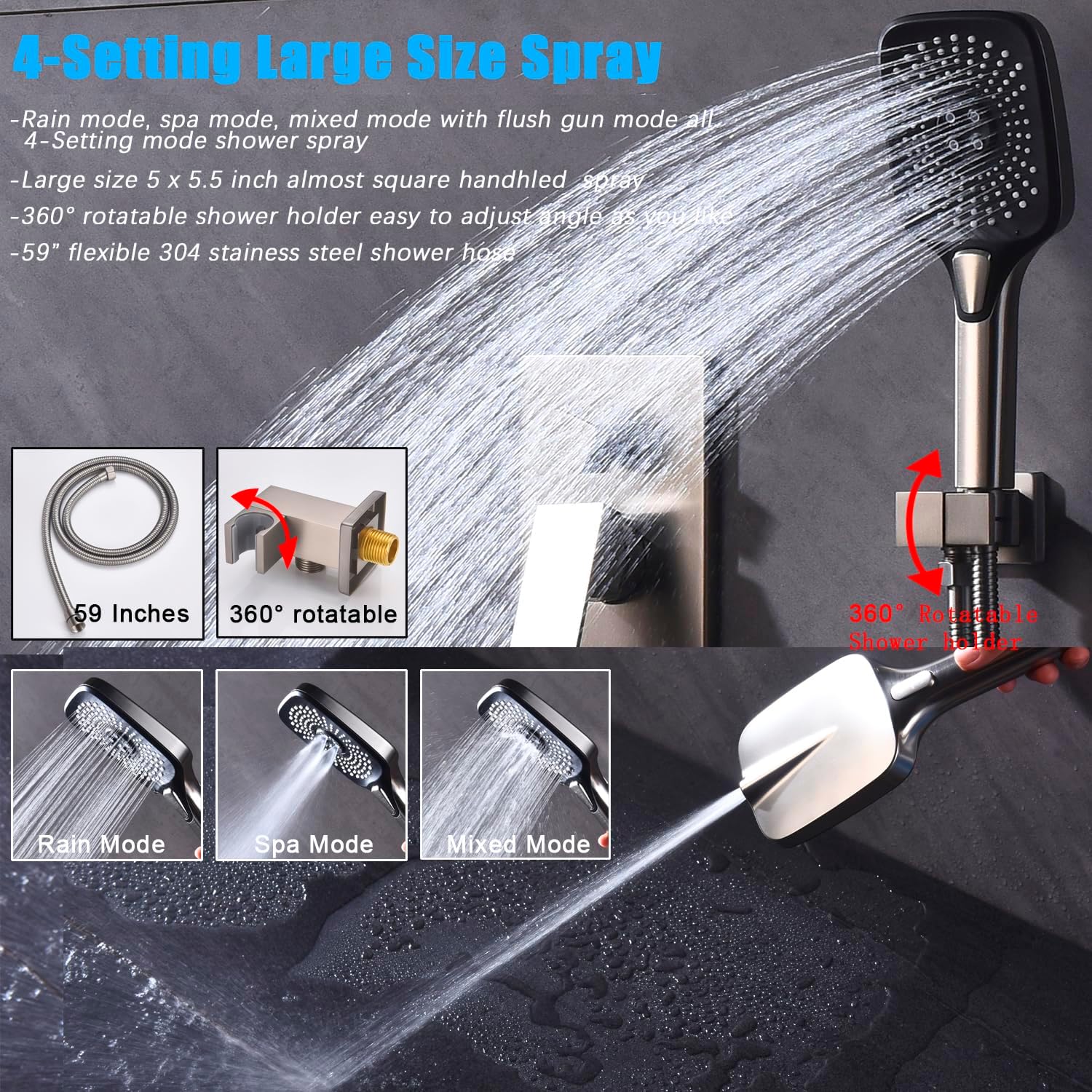 Shower System with Tub Spout 10 Inch Overhead Shower 4 Setting Handheld Spray Rough In Pressure Balance Valve Body with Trim Kit Wall Mounted Rainfall Bathtub Shower Faucet Set (Brushed Nickel)