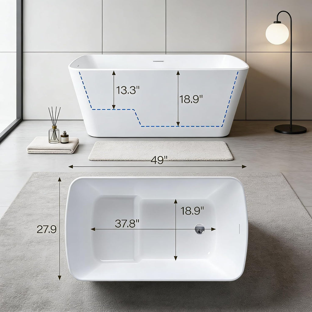 Acrylic Freestanding Bathtub, Soaking Tub with Seat, Toe-Tap Drain, Slotted Overflow, Deep Ergonomic Design, cUPC Certified, Glossy White, 49'