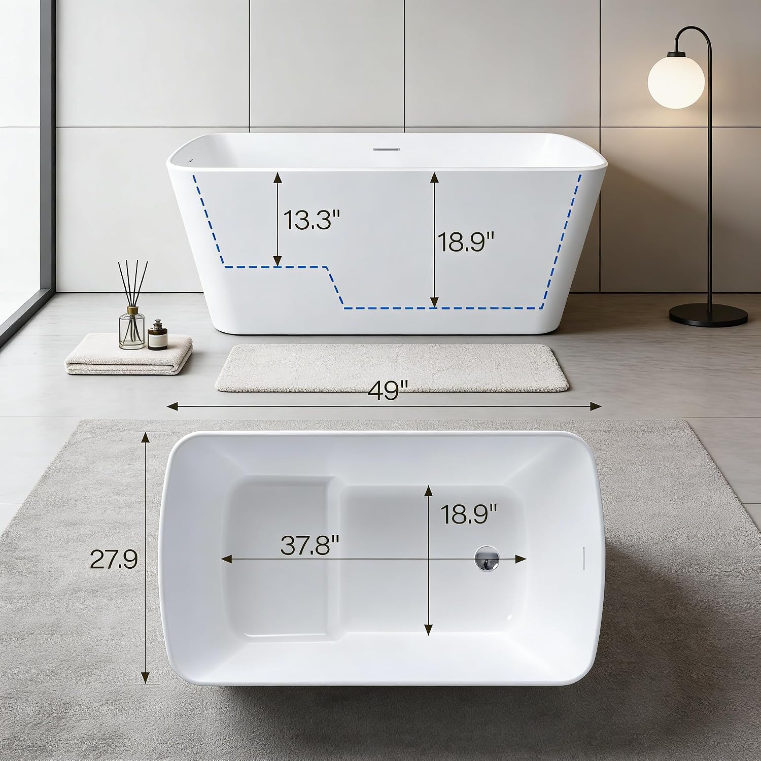 Acrylic Freestanding Bathtub, Soaking Tub with Seat, Toe-Tap Drain, Slotted Overflow, Deep Ergonomic Design, cUPC Certified, Glossy White, 49'