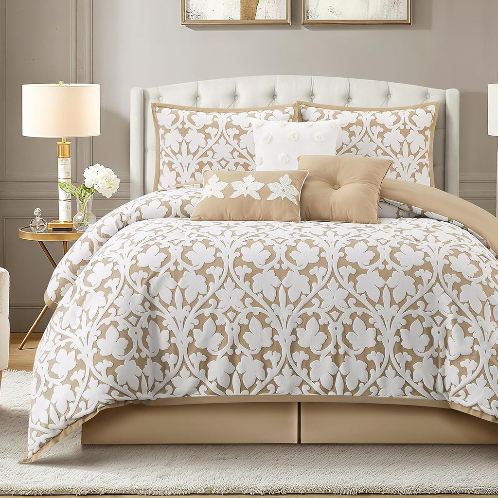 LANCO MODERN LIFESTYLE 7 Pieces Comforter Set, Queen, Khaki, Jacquard Floral Pattern and Classy Damask Medallion Design, Ultra Soft, Includes Bed Skirt, Shams, and Decorative Pillows
