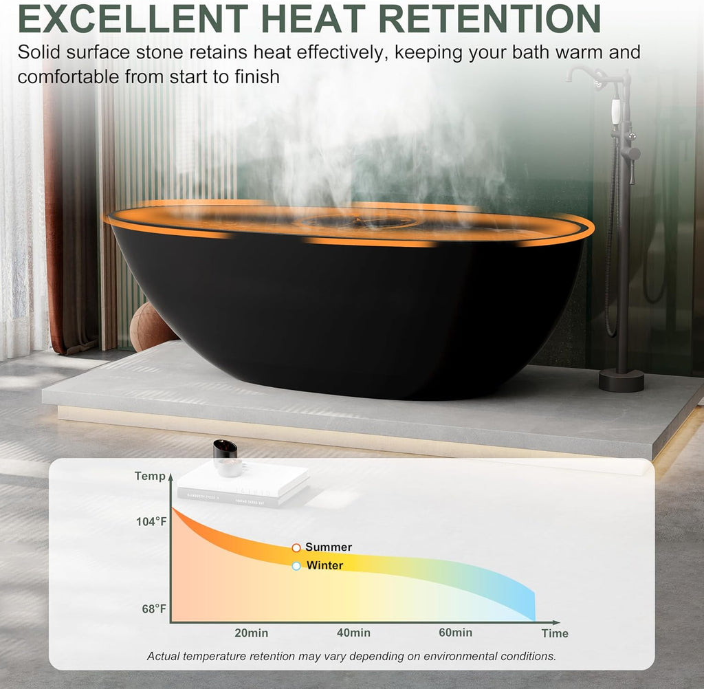 CASAINC 67' Freestanding Bathtub Egg-Shaped Stone Resin Freestanding Tub Solid Surface Matte Black Stand-Alone Tub with Drain, Drain Hose & Sanding Paper