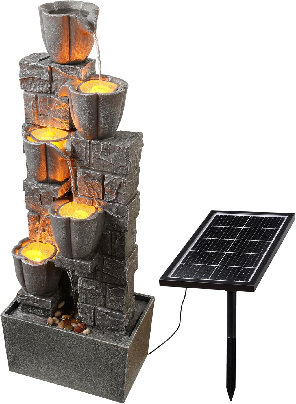 Cheng Pin Solar Powered Water Fountain Outdoor, 38.2 Inch Tall 4 Tiers Tulip Waterfall Fountain with LED Lights, Grey Decorative Natural Water Feature Ornament for Garden, Patio, Lawn Yard Landscape
