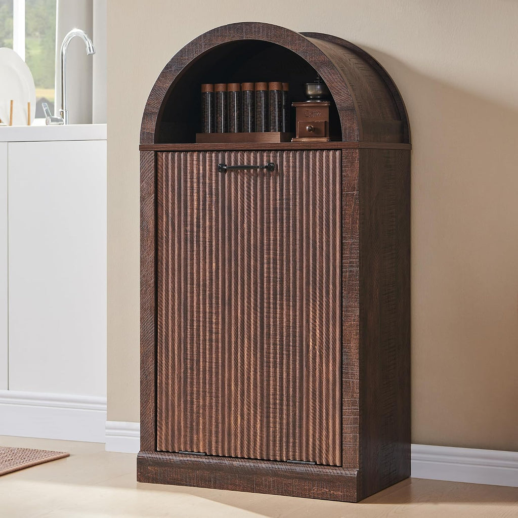 IFGET Arched Tilt-Out Trash Can Cabinet, Fluted 10 Gallon Trash Can Cabinet Set of 2, Modern Laundry Hamper, Hidden Garbage with Storage Basket for Kitchen, Living Room, Brown