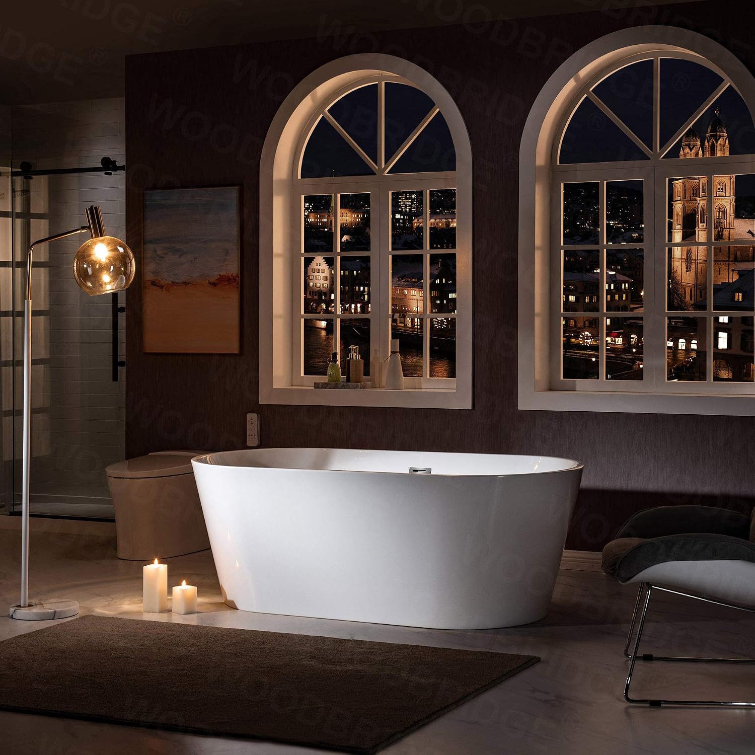 WOODBRIDGE 67' Acrylic Freestanding Bathtub Contemporary Soaking White Tub with Brushed Nickel Overflow and Drain，B0013-BN