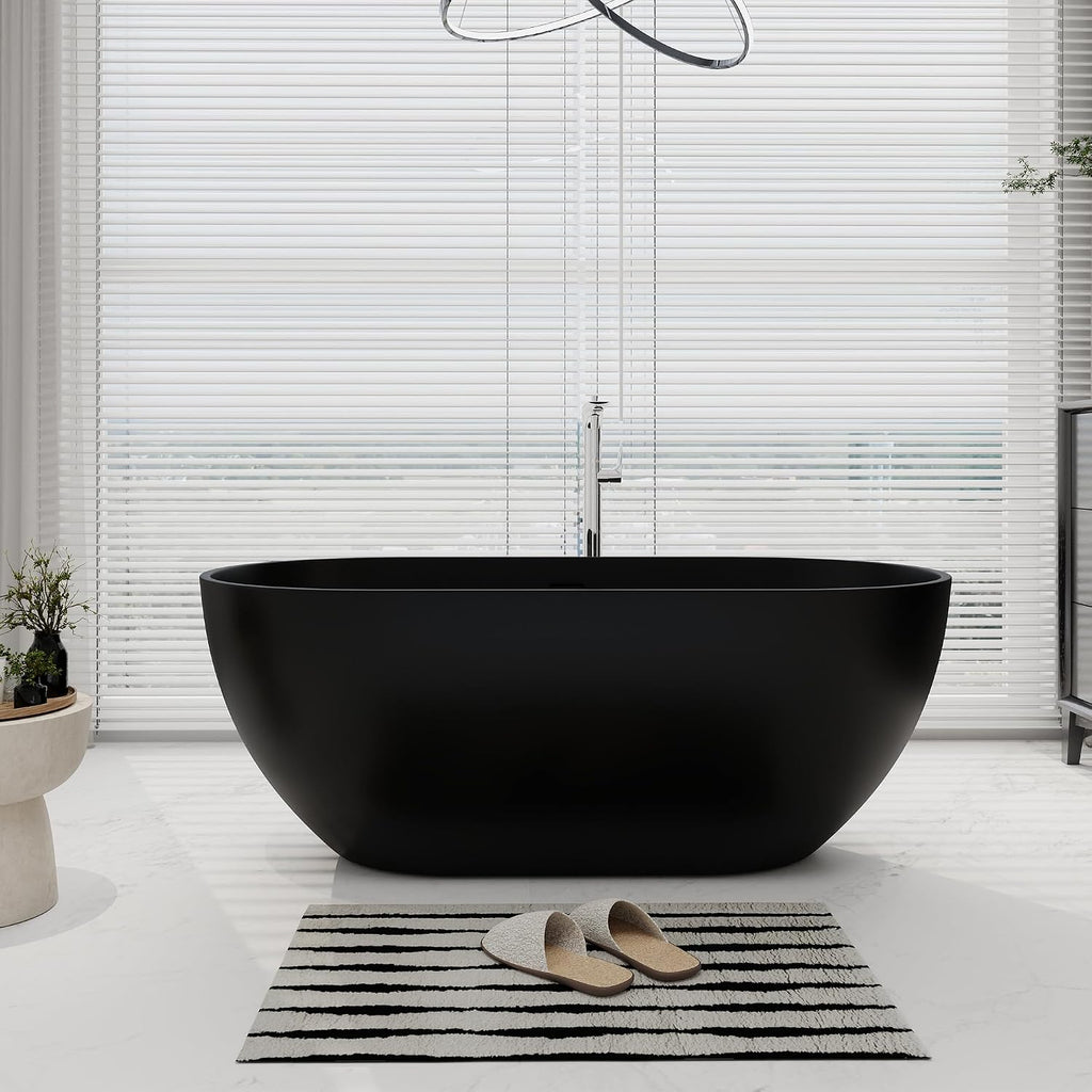 SJ STAR&JANE 59' Solid Surface Freestanding Bathtub Oval Stone Resin Soaking Tub Modern Stand Alone Tub with Overflow & Pop-up Drain, Matte Black for Bathrooms