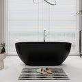 SJ STAR&JANE 59' Solid Surface Freestanding Bathtub Oval Stone Resin Soaking Tub Modern Stand Alone Tub with Overflow & Pop-up Drain, Matte Black for Bathrooms
